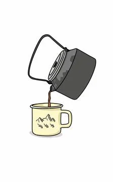 Kettle pours tea in enamel mug On white background. Outdoor cooking forest Stock Illustration