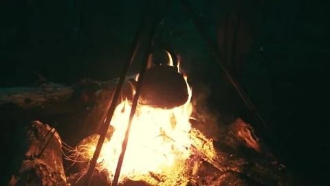 Kettle at the stake in the woods. Twilight Stock Footage 137817982