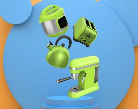 A kettle, toaster, and espresso machine floating on podium, minimalist backgr Stock Illustration