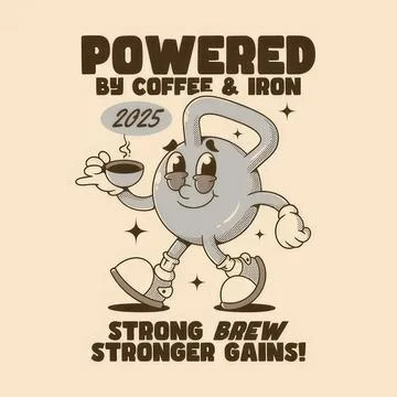 Kettlebell character lifting weights with coffee and iron theme Stock Illustration