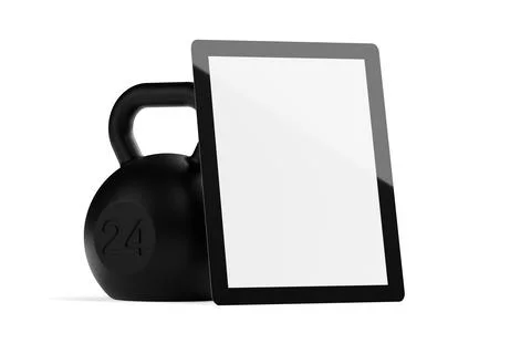 Kettlebell with tablet computer on white background with copy space, online f Stock Illustration