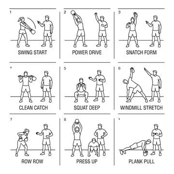 Kettlebell workout routine, 9 exercises, fitness illustrations, line art, w.. Stock Illustration