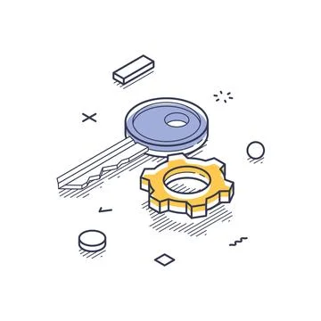 Key alongside a gear, symbolizing internet security. The elements work togeth Illustrazione stock