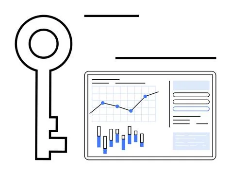 Key and analytics dashboard with charts, graphs, and interface elements. Idea Stock Illustration
