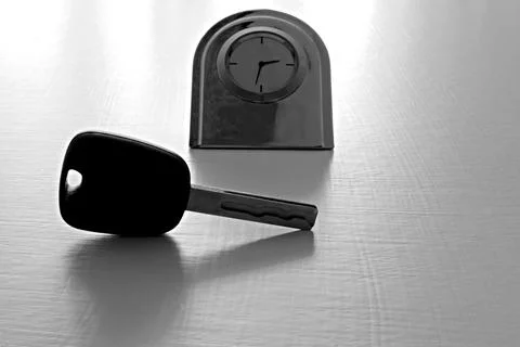 Key and clock on blurred painted background Stock Photos