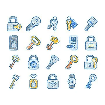 Key and lock doodle concept icon set Stock Illustration