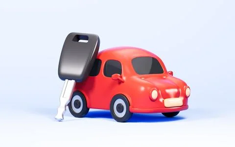 A key and red car on the background, 3d rendering. Stock Illustration