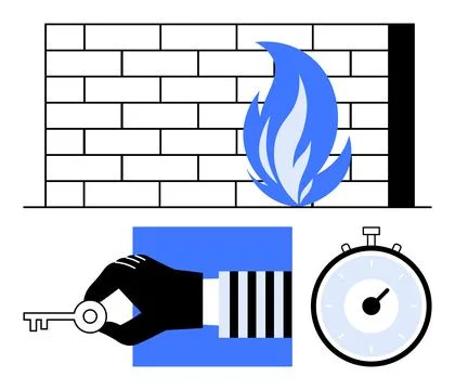 Key and Stopwatch with Brick Wall and Flame Illustration Representing Secur.. Illustrazione stock