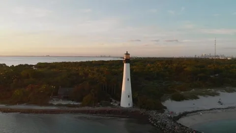 Key Biscayne Lighthouse Miami Drone Sunset 4K Aerial Stock Footage 287331121