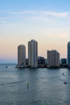 Key Biscayne Miami at sunset. View of highrise condominiums on Biscayne Bay Stock Photos