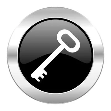 Key black circle glossy chrome icon isolated. Ilustración de archivo