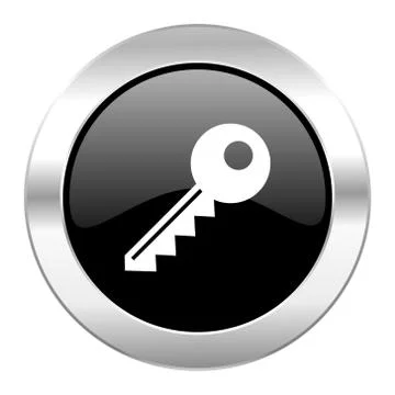 Key black circle glossy chrome icon isolated. Ilustración de archivo