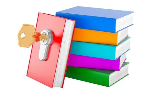 Key with books. Key of knowledge, concept. 3D rendering Stock Illustration