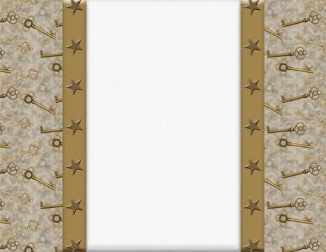 Key border with gold skeleton key on white Stock Illustration