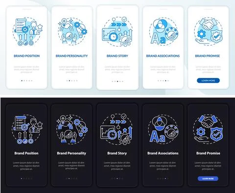 Key brand elements dark and light onboarding mobile app page screen Stock Illustration