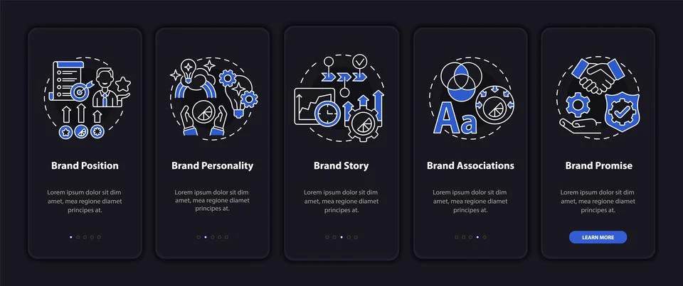 Key brand elements dark onboarding mobile app page screen Stock Illustration