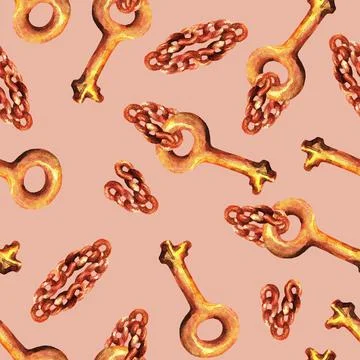 The key is on a chain. Seamless pattern. Watercolor Stock Illustration