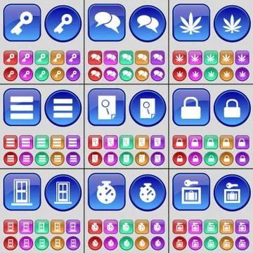 Key, Chat, Marijuana, Apps, File, Lock, Door, Stopwatch, Vault. A large set of m Ilustración de archivo