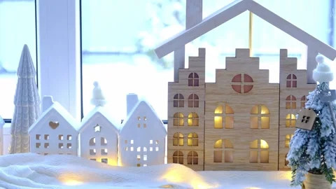 Key on Christmas tree and tiny house on cozy home with Christmas decor on t.. Stock Footage 262413426
