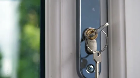 Key in closed door looking out onto garden Stock Footage 312319302