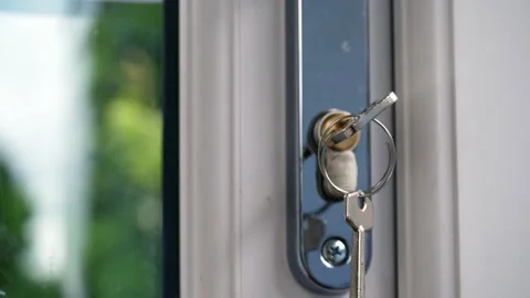 Key in closed door looking out onto garden Stock Footage 313151443