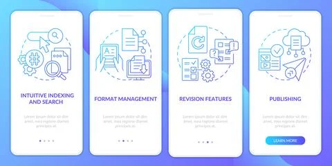 Key CMS characteristics blue gradient onboarding mobile app screen Ilustração Stock