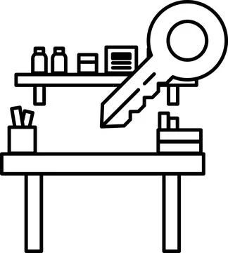 A key is on a desk with a shelf above it Stock Illustration