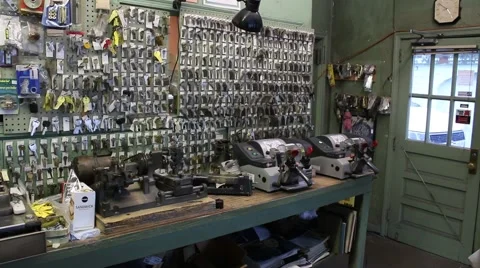 Key display on wall at local key cutting shop Stock Footage 45564105