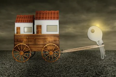 Key dragging a farm cart of two houses on asphalt in a sunset day. Real estat Illustrazione stock