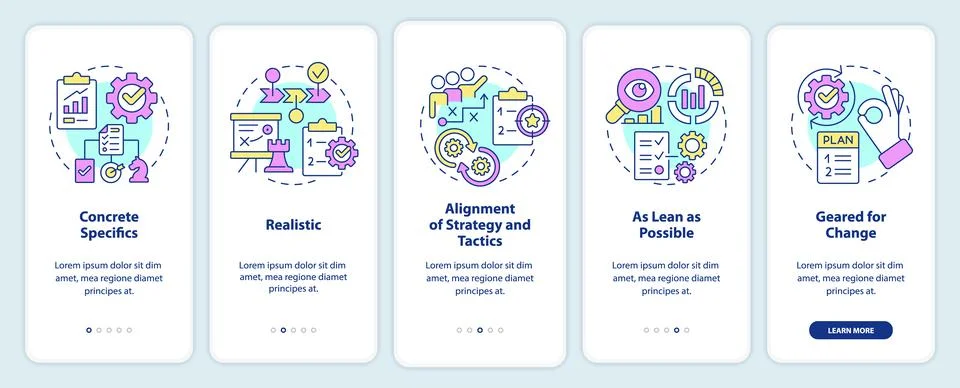 Key elements of business plan onboarding mobile app screen Stock Illustration