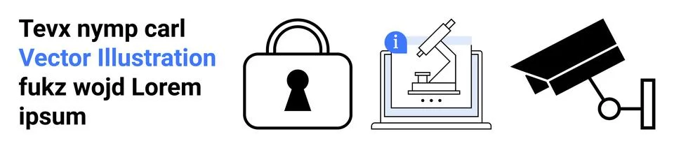 Key elements include a padlock, microscope, graduation cap, and CCTV camera.  Illustrazione stock