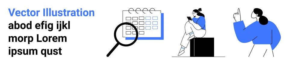 Key elements of team collaboration, including a calendar, magnifying glass, a Stockillustratie