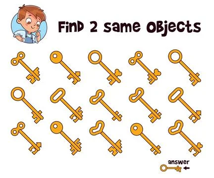 Key - Find two same objects. Educational game for children Illustrazione stock