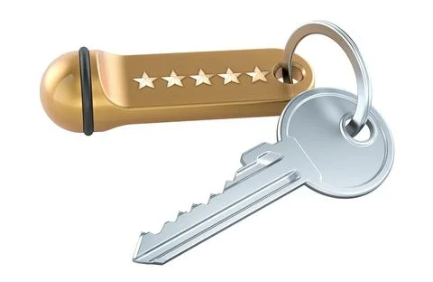 Key with five star hotel tag. 3D rendering Stock Illustration