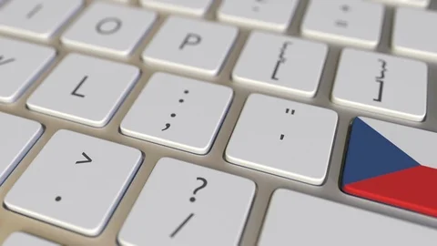 Key with flag of the Czech Republic on the computer keyboard switches to key Stock Footage 109112196