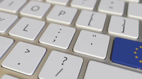 Key with flag of the European Union on the computer keyboard switches to key Stock Footage 109214586