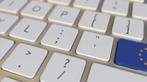 Key with flag of the European Union on the computer keyboard switches to key Stock Footage 109284434