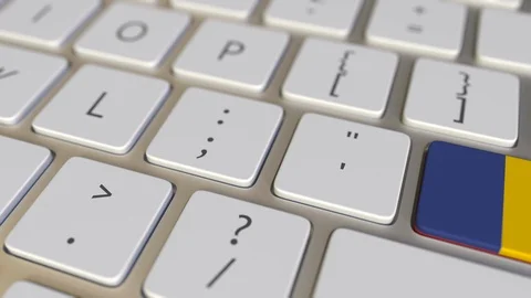 Key with flag of Romania on the computer keyboard switches to key with flag of Stock Footage 109452463