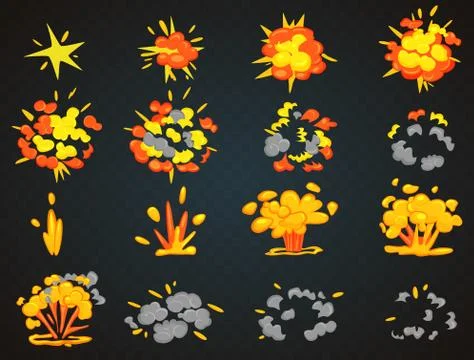 Key frames of bomb cartoon explosion animation. Bang top and front view vector Illustrazione stock