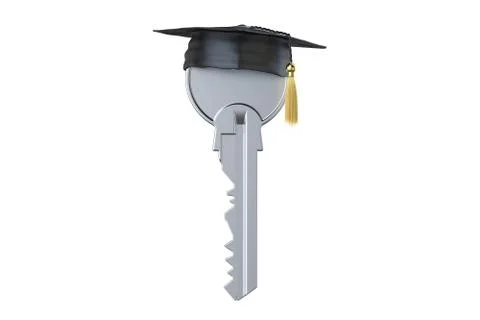 Key with graduation cap. Knowledge concept, 3D rendering Stock Illustration