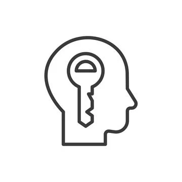 Key in head, in line design. Idea, creativity, unlock, innovation, concept Stock Illustration