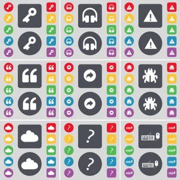 Key, Headphones, Warning, Quotation mark, Back, Bug, Cloud, Question mark, Keybo Stock Illustration