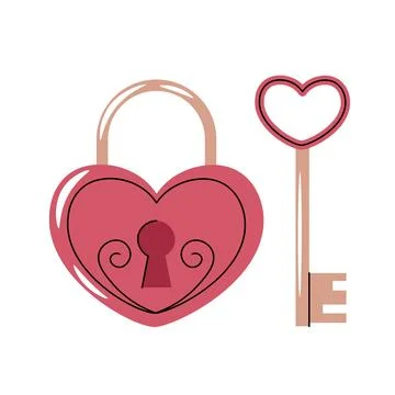 Key with heart-shaped lock in flat cartoon style. Closed heart on white backg Stock Illustration