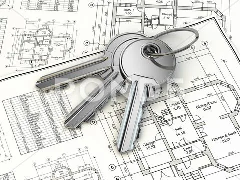 Key on house plan blueprint. 3d Stock Illustration