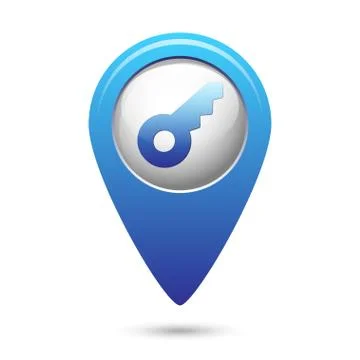 Key icon on blue map pointer Stock Illustration