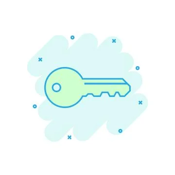 Key icon in comic style. Access login vector cartoon illustration pictogram.  Illustrazione stock