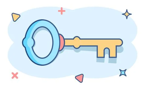 Key icon in comic style. Access login vector cartoon illustration pictogram.  Stock Illustration