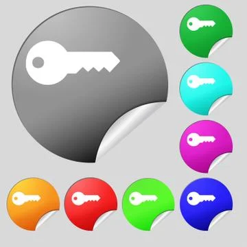 Key icon sign. Set of eight multi colored round buttons, stickers. Vector Stock Illustration