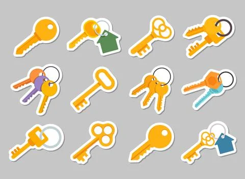 Key icon sticker set collection in flat style. Security vector illustration.. Stock Illustration