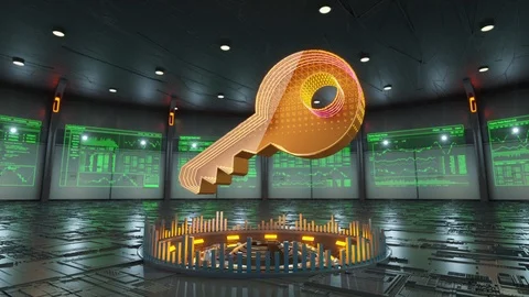 Key icon surrounded by data screens appears in the middle of hi-tech room Stock Footage 86874299